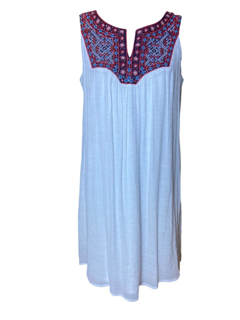Westport White Sleeveless Dress With Red & Blue Embroidered Yoke Lightweight & L